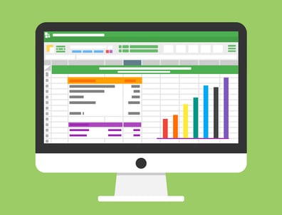 Illustrated computer monitor with data visualization on the screen.