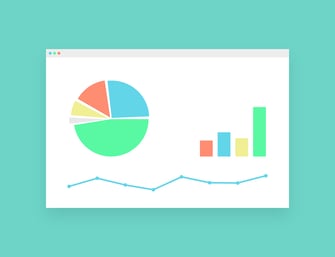 Illustrated internet browser window with a simple pie chart, bar graph, and line graph in it.