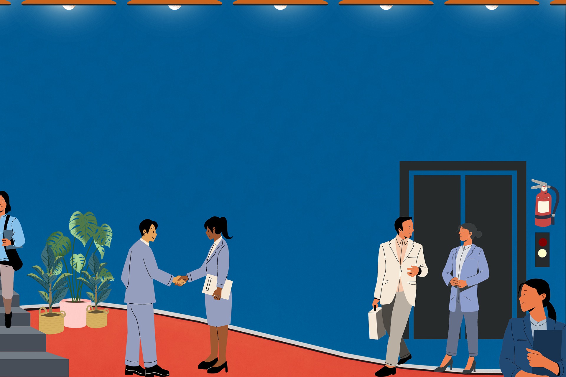 Illustrated office-like environment with pairs of business people of different races and genders talking and shaking hands.