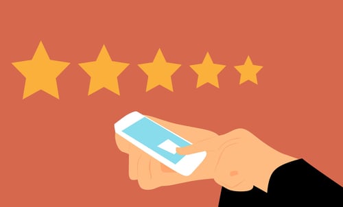 illustrated person's hands pushing a button on a smart phone screen with five-star rating hovering above