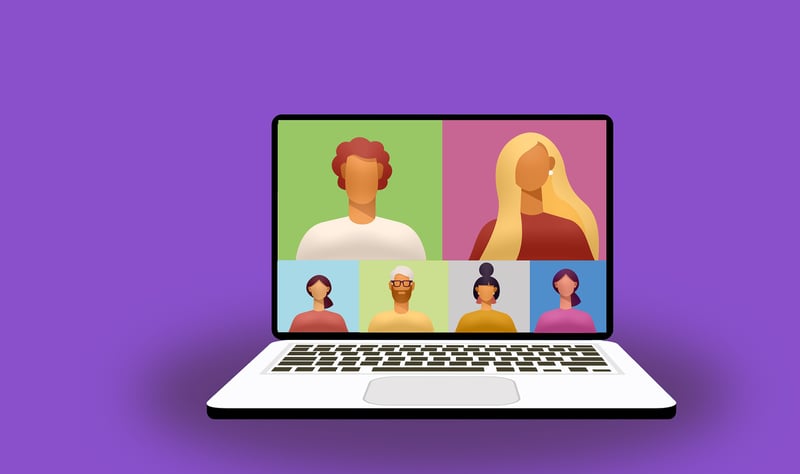 Illustrated computer with six people of different skin tones and genders in a video call on the screen