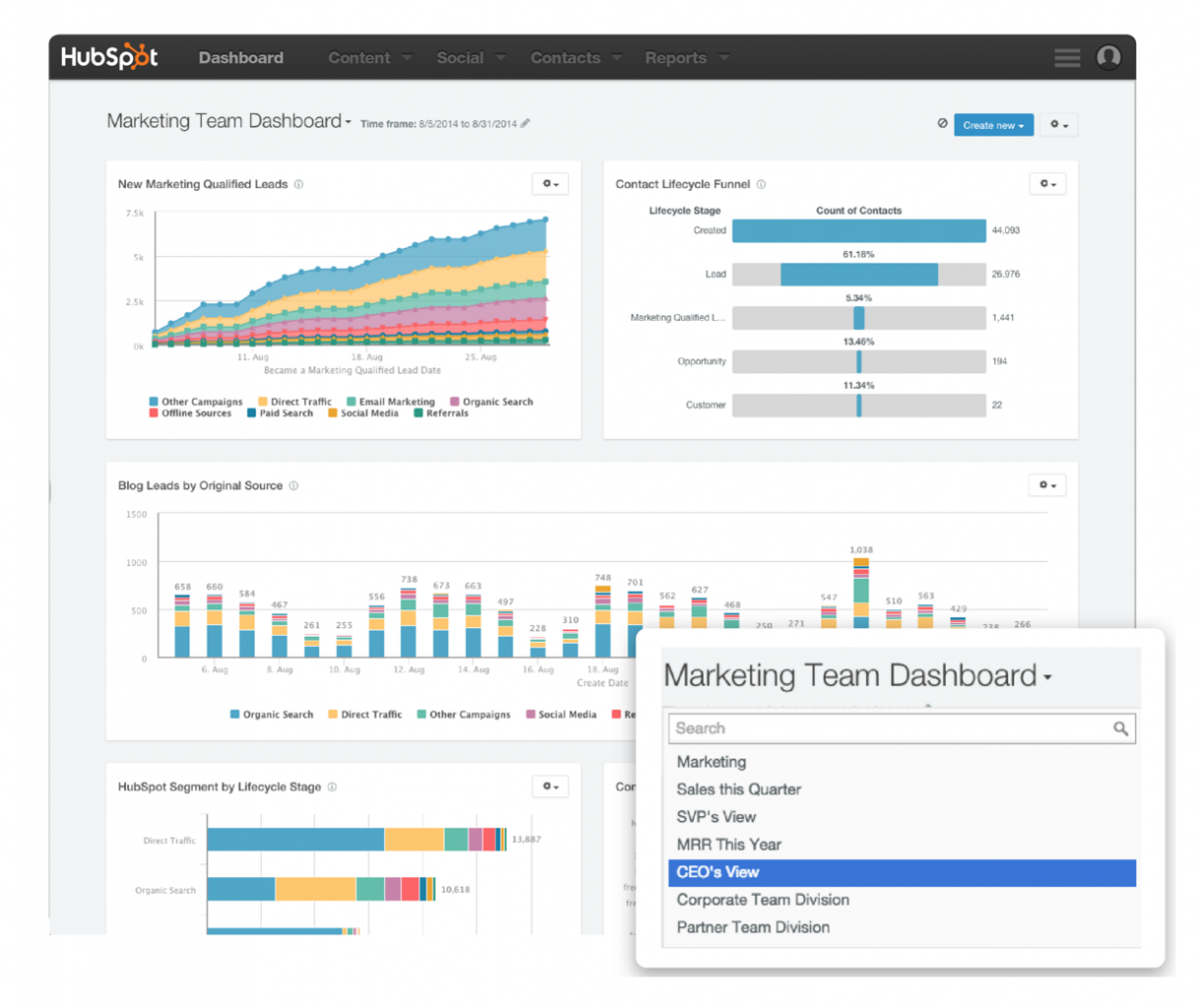 Analytics dashboard showing a menu with options for views for different roles, and CEO's View is highlighted