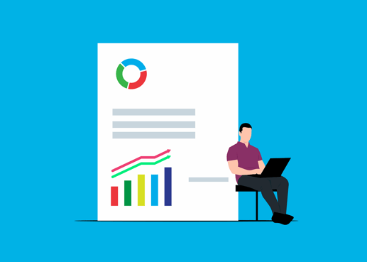 Illustration of a man working on a laptop with a large report behind him. The report includes bar and line graphs trending up and a donut graph.