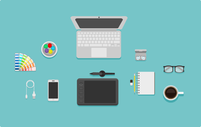 Illustrated flatlay of desk with open laptop, digital tablet, color swatches, notebook with pencil, and glasses