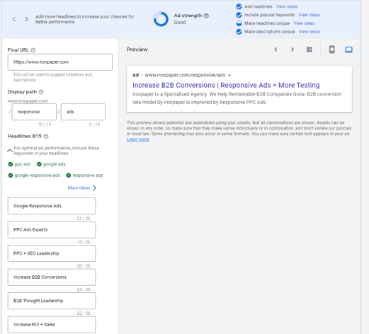 Google Responsive Ads Headlines Screenshot
