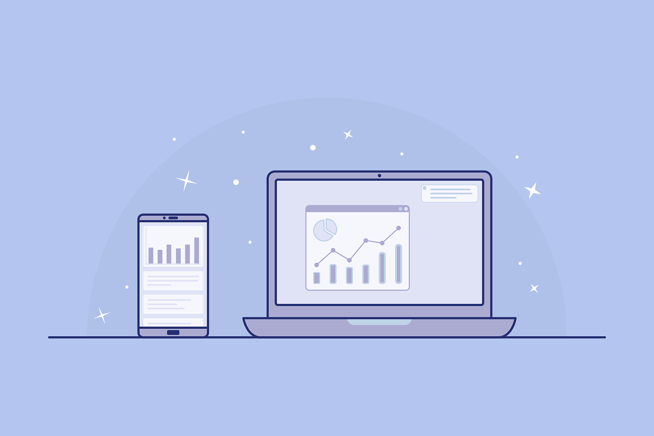 Illustrated computer and mobile phone showing graphs and analytics