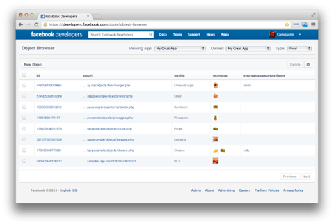 Object browser - Facebook developer UI