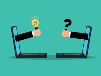 Illustration of two laptops facing each other with an arm coming out of each laptop. The one on the left is holding a lightbulb and he one on the right is holding a question mark.