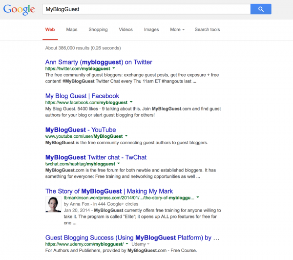 Google MyBlogGuest search results