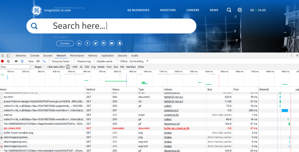 GE website load time using Chrome developer tools