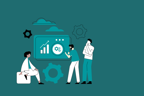 Illustrated group of people inspecting a floating dashboard with gears and upward-trending charts on it