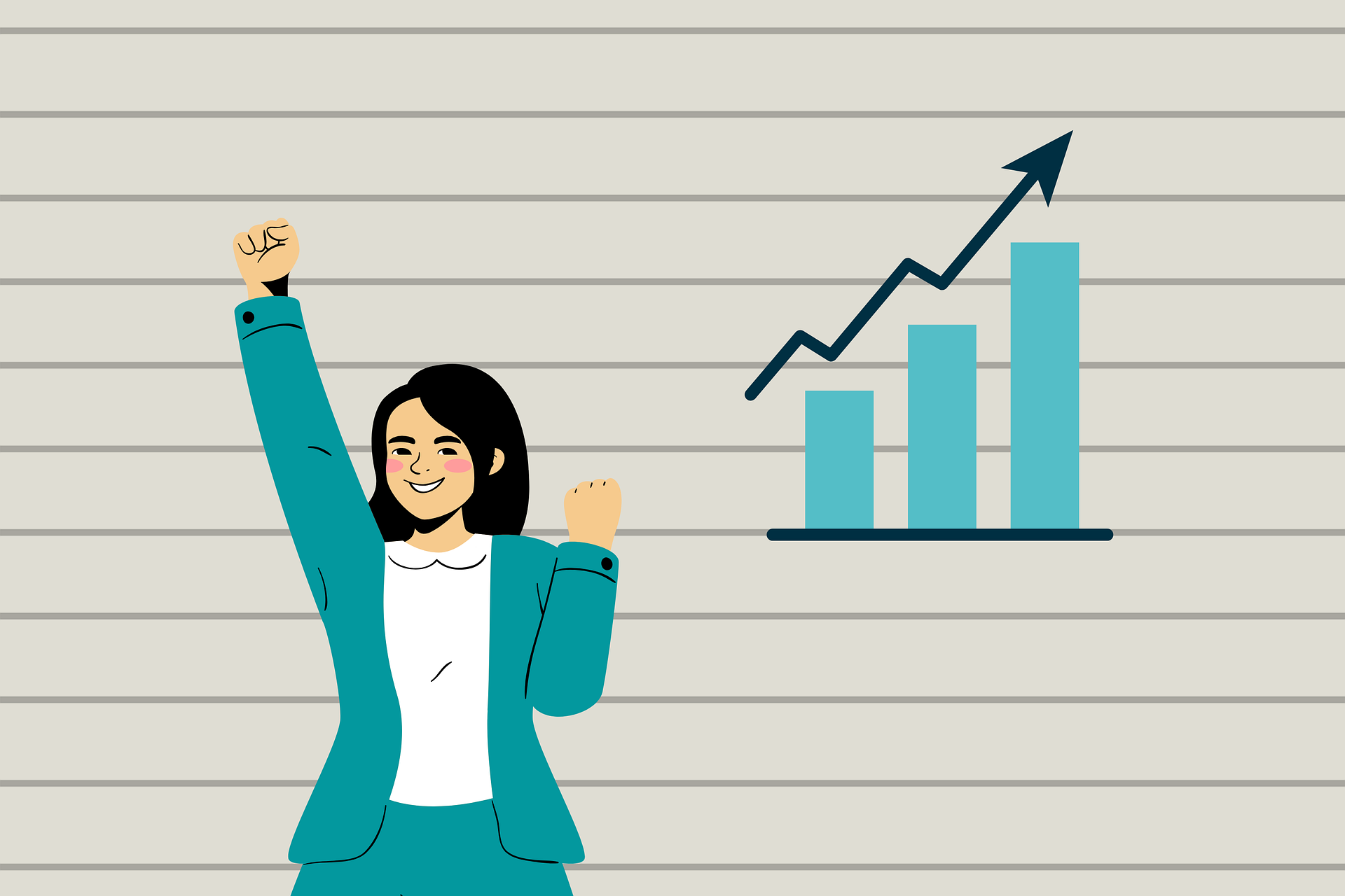 Woman cheering with growth chart in background lead generation for b2b saas companies