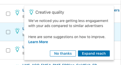 Screenshot of a LinkedIn Ads recommendation titled "Creative Quality" prompting the user to implement suggestions to expand the ad's reach