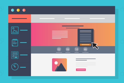 Illustrated website in an orange and pink gradient with the mouse hovering over a form. Icons run down the left side of the screen.